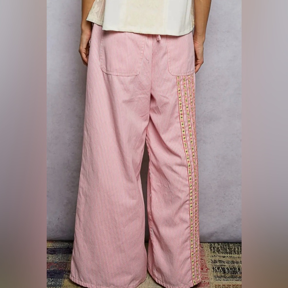 NEW Pol Double Gauze Lace Floral Trim Buckle Back Pants Drawstring Pink Stripe - Picture 7 of 12
